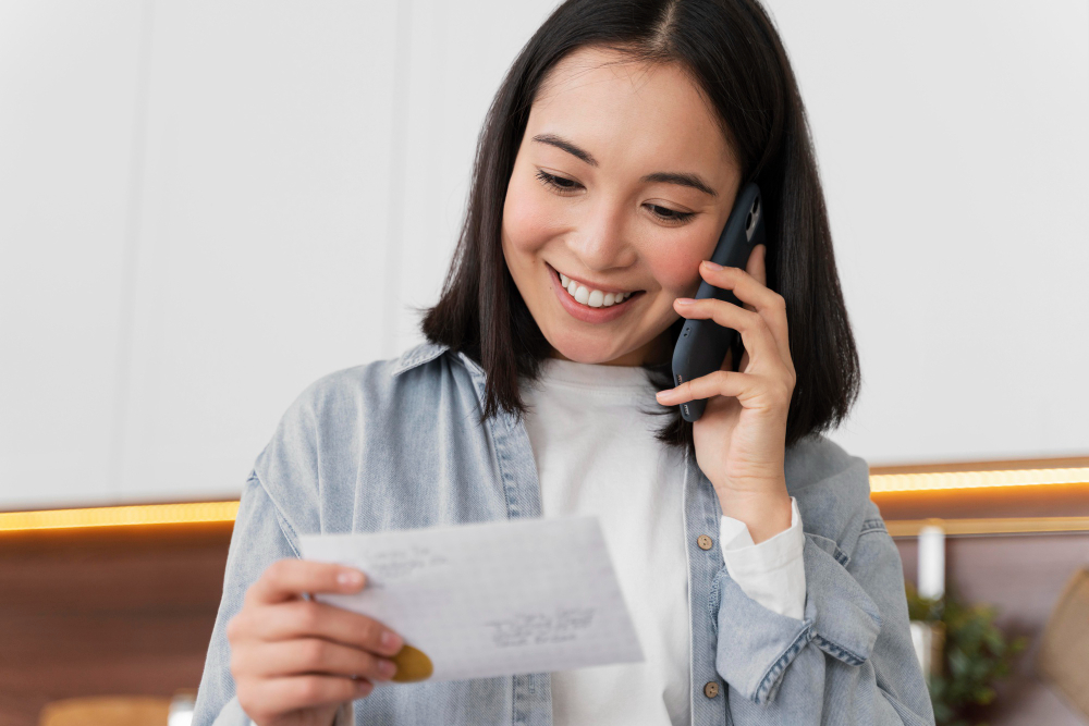 woman speaking on the phone while holding a business card looking engaged and focused on her conversation