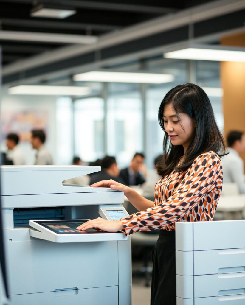 Asian woman using copier rental singapore in office