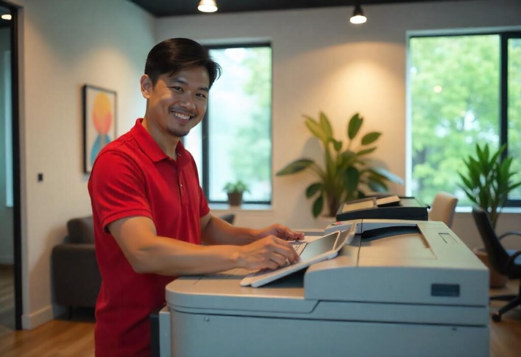 A copier room with a smiling Asian male fixing a copier machine.